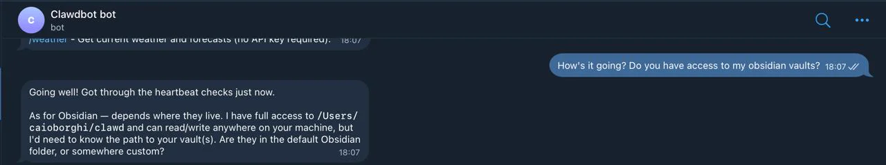 Demo do Clawdbot no Telegram