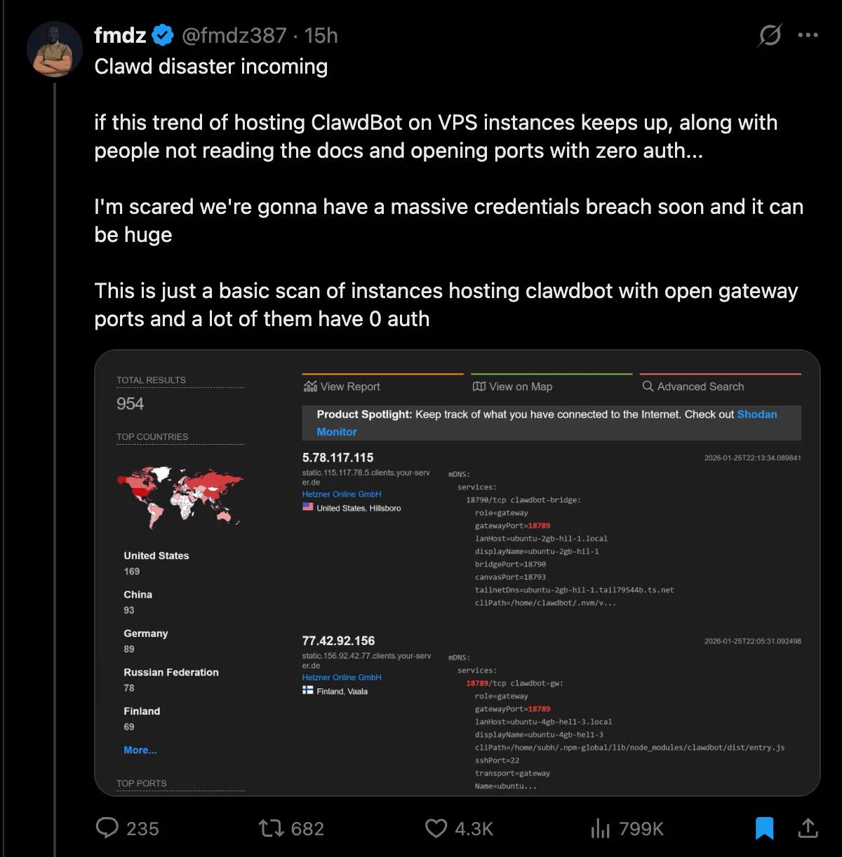 Tweet exibindo as instâncias vulneráveis