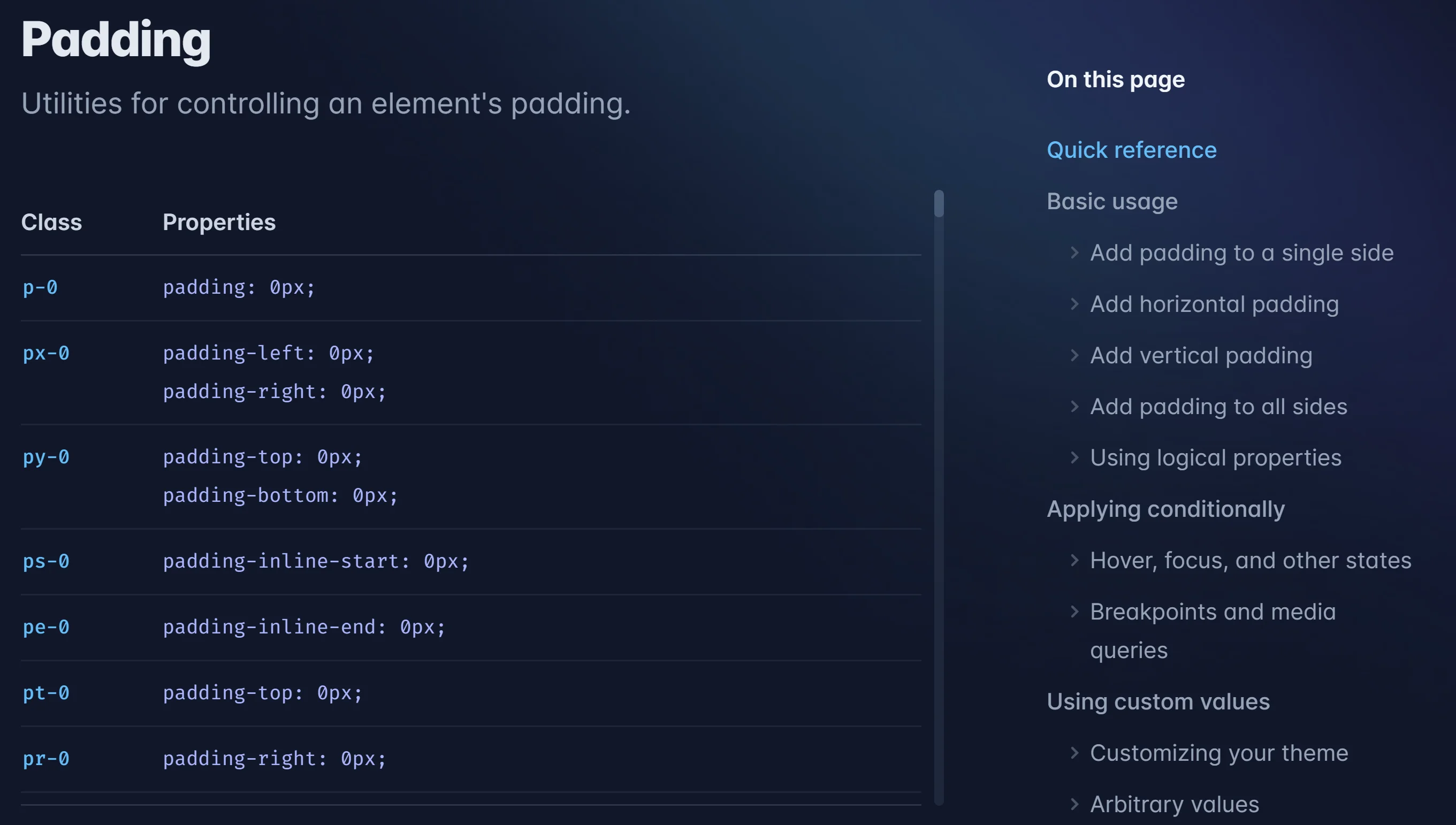 Padding Section in the Tailwind documentation