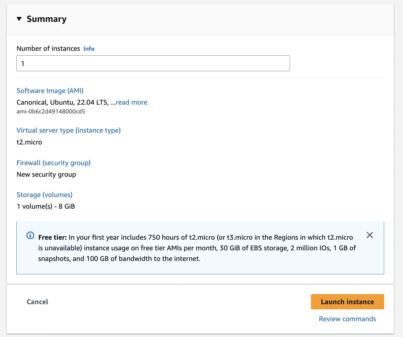 AWS EC2 t2.micro Summary